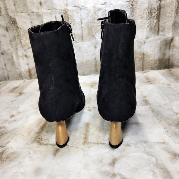 Sassy Looking Black Suede 2" Gold Chunky Heel Ankle Bootie - Picture 4 of 6